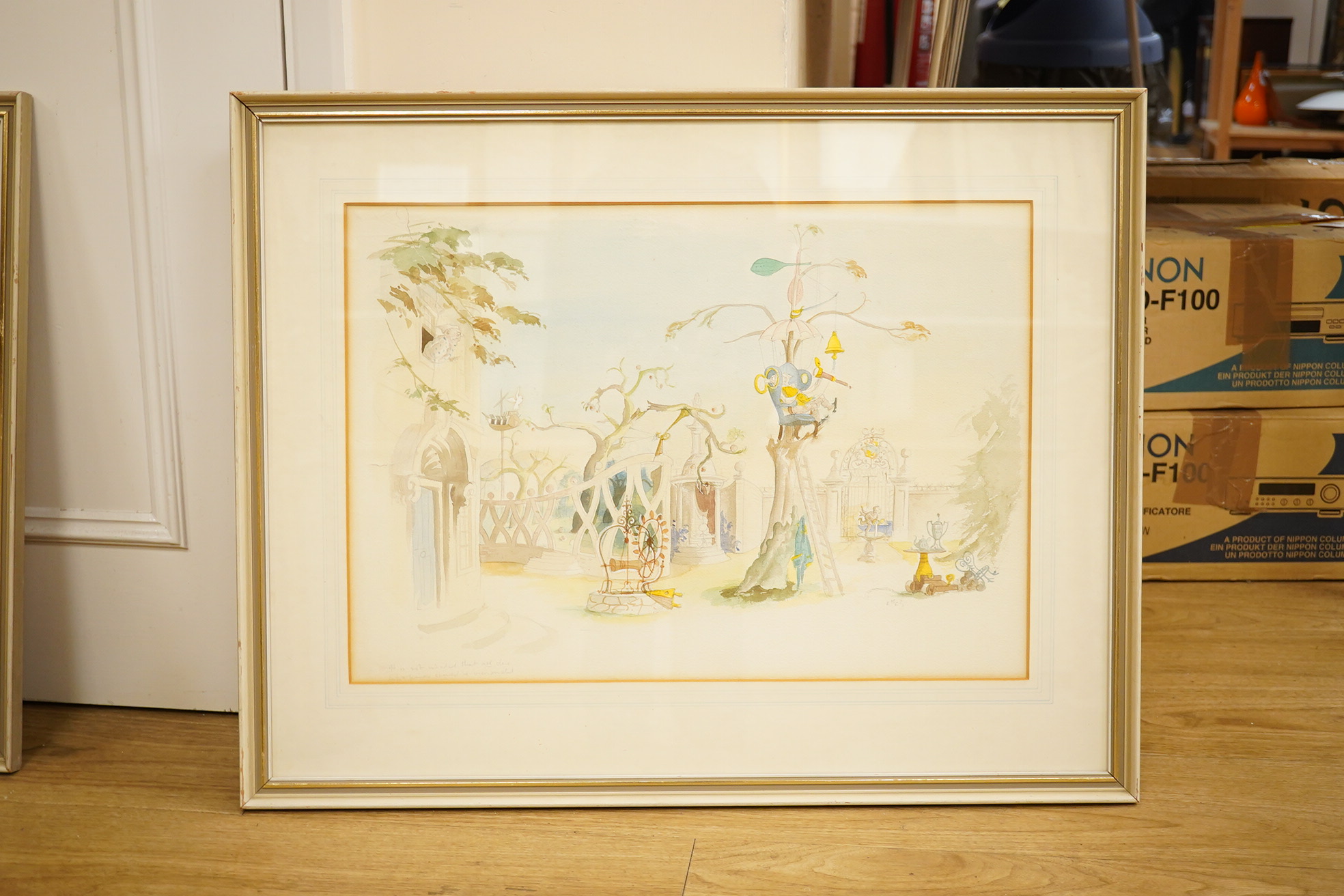 Rowland Emett (Cartoonist, 1906–1990), pair of pencil and watercolours, Surreal garden views, each signed and inscribed in pencil, 35 x 50cm. Condition - faded